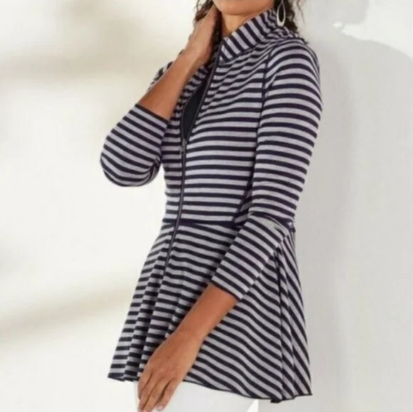 SOFT SURROUNDINGS Althea Reversible Striped Peplum Navy Gray Zip Up Jacket Sz XL - Picture 1 of 14